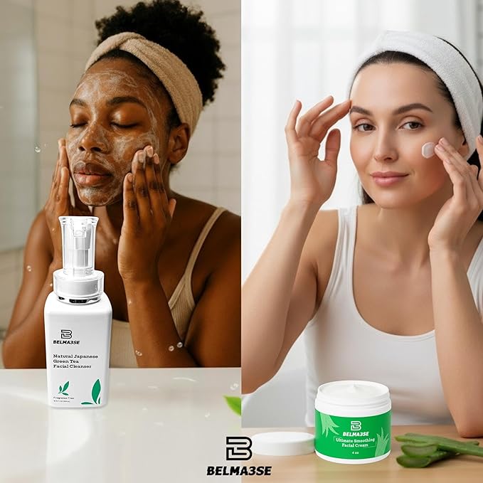 Green Tea Cleanser 10.14 Fl Oz and Hydrating Facial Cream 4 Oz Set – Clean Beauty Routine with Aloe, Cucumber, Coconut Oil & Vitamin E – Lightweight, Vegan & Cruelty-Free