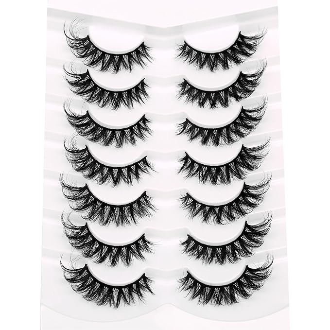 Pooplunch False Eyelashes Cat Eye Look 8D Crossed Wispy Natural Volume Faux Mink Lashes Fake Eyelashes Strips 7 Pairs Pack