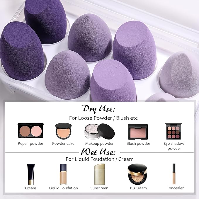 ABC Glow Beauty Blender Sponge Set – 8-Pack | Flawless Makeup Application | Latex-Free, Ultra-Soft, Reusable Makeup Sponges with Travel Case | For Liquid, Cream & Powder (Purple)