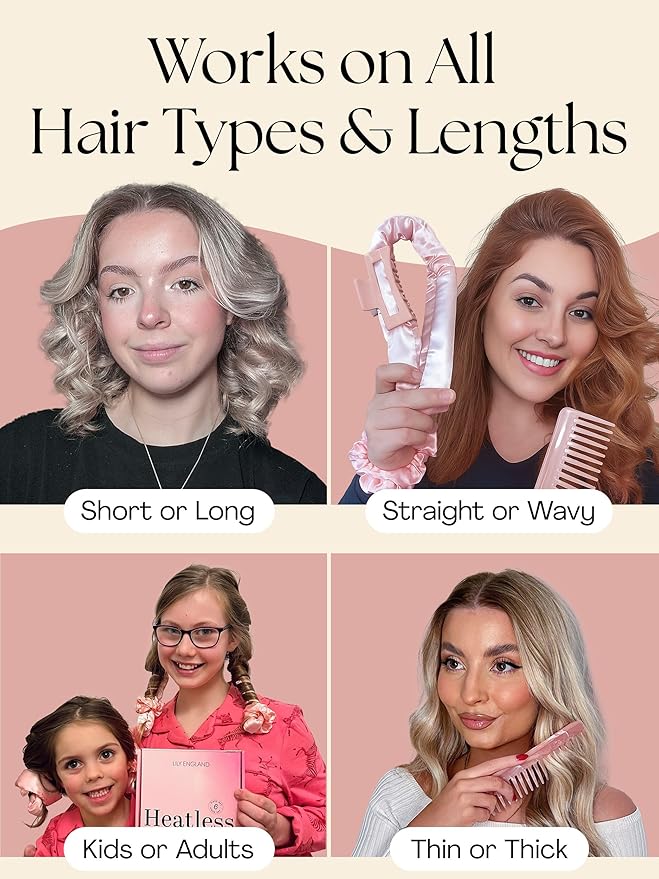 Lily England Heatless Hair Curlers to Sleep In - No Heat Curling Gift Set Includes Satin Headband, Hair Clip, Comb & 2 Scrunchies - Sleek & Smooth Overnight Curls (Pink, 5 Pack)