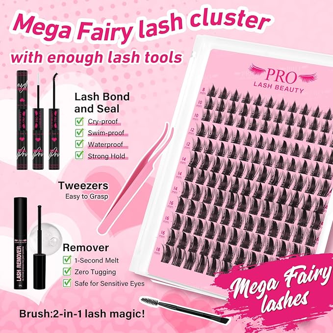 PROLASHBEAUTY Fairy Lash Clusters Kit Wispy Invisible Band Manga Lashes Individual Lashes Bond and Seal Remover Brush Eyelash Extension Kit Easy Removal (Mega Fairy, 8-18mix)