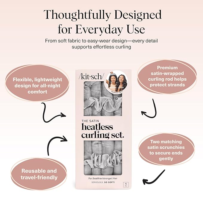 Kitsch Satin Heatless Curling Set – Heatless Curls Overnight with 34" Hair Curler & 2 Satin Scrunchies – Comfortable Hair Curlers to Sleep In for Frizz-Free, No Heat Damage Styling - Silver