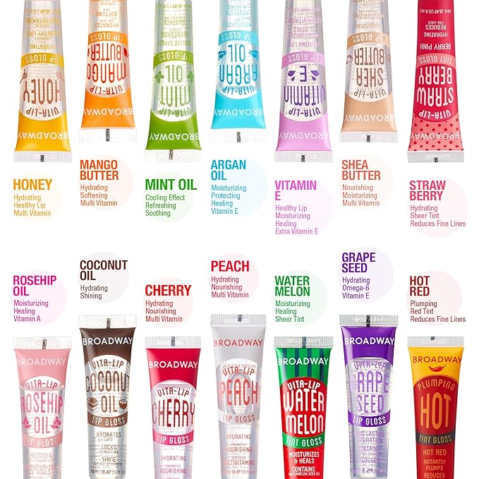 Ruby Kisses Broadway Vita-Lip Tinted & Clear Lip Gloss Set (11 Pack) Ultra-Hydrating & Soothing Formula with Vitamins, High-Shine Non-Sticky Lip Balm with Rosehip+Coconut Oil, Pink & Brown Shades
