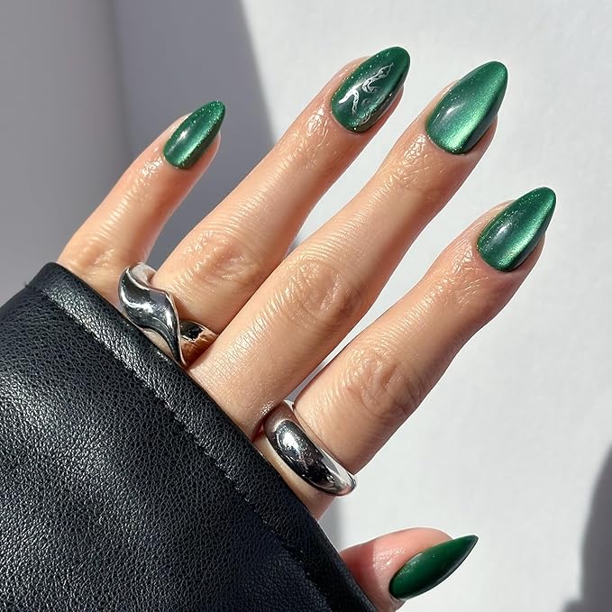 Harry Potter™ x Glamnetic Press On Nails - Slytherin™ | Green Snake Serpent Graphic Short Almond Nails in a Velvet Finish | 15 Sizes - 30 Nail Kit with Glue