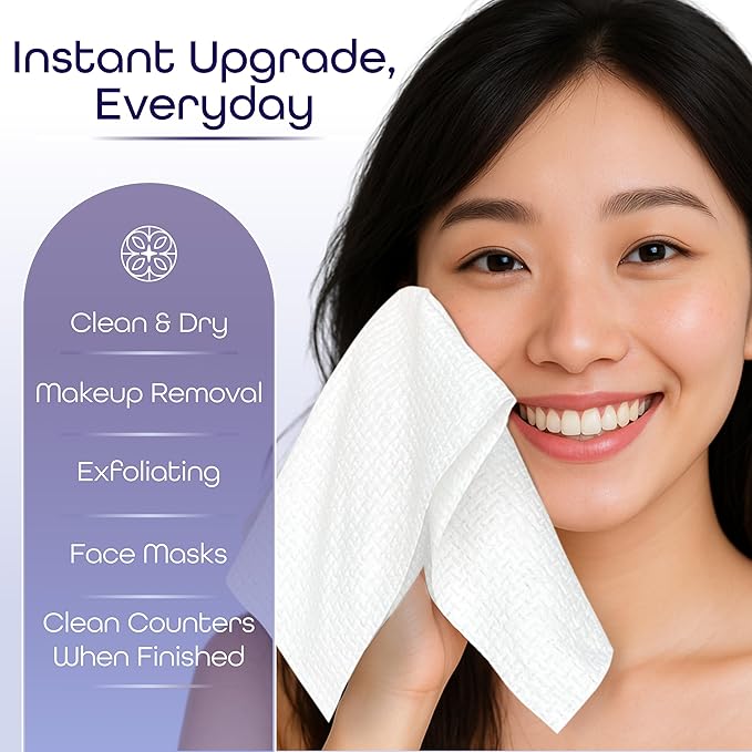 SkinMia Disposable Face Towels XL – Ultra Soft, Clean, Odor-Free Dry Towelettes for Skincare & Makeup Removal Wipes, Plant-Based, Gentle for Sensitive Skin, 50 Count
