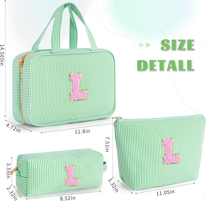 Cute Toiletry Makeup Bag for Women Girls - Personalized Teenager Girl Gift Ideas | Initial Make Up Bag | Gifts for Women Friends | Skin Care Bag | Tween Girls Trendy Stuff - Green L