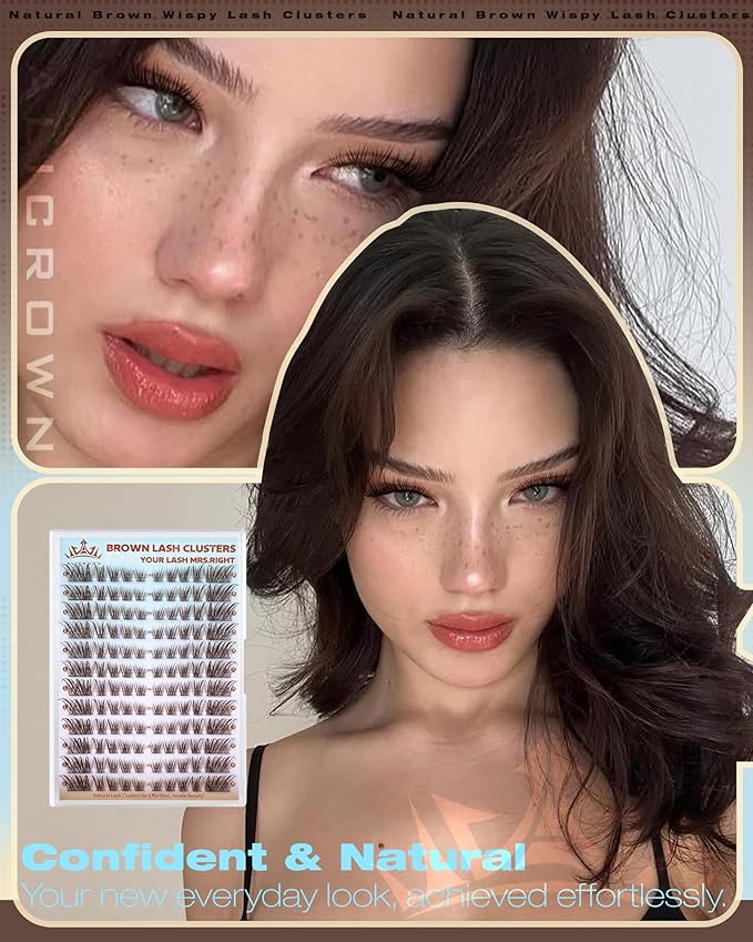 ALICROWN Brown Lash Clusters Natural Eyelash Extensions Cat Eye Eyelash Clusters Left & Right Wispy Lash Extensions Fox Eye Cluster Lashes C Curly DIY Individual Lashes Fairy Eyelashes