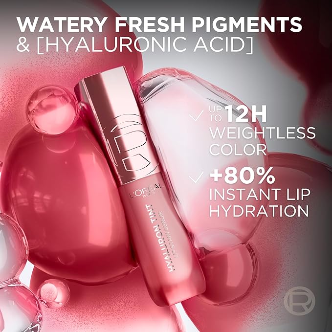 L'Oreal Paris Hyaluron Tint Lip Stain Serum, Long Lasting, Hydrating Lip Makeup Infused with Hyaluronic Acid, 601 Worth It (Pinky Nude)