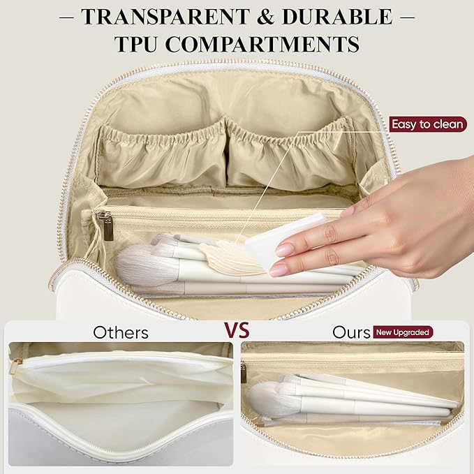Travel Makeup Bag, Large Capacity Cosmetic Bags for Women, Waterproof Portable Pouch Open Flat Make up Organizer Bag with Dividers and Handle, Toiletry Bag for Essentials