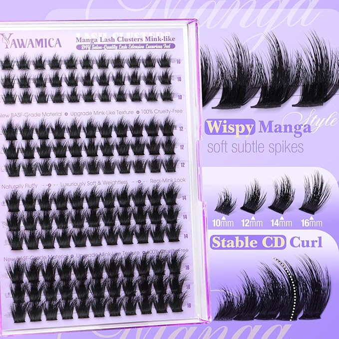 Mink Lash Clusters Fluffy Eyelash Clusters Wispy 10-16mm Individual Lashes CD Curl Manga Cluster Eyelash Extensions Soft Matte Black Cluster Lashes DIY Lash Extensions by Yawamica
