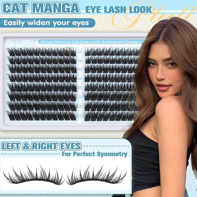 Manga Lash Clusters With Spikes Cat Eye Cluster Lashes 14/16/18MM Cluster Eyelash Extensions Left&Right Individual Lashes Volume Lash Extensions by Pleell (176PCS, D Curve)