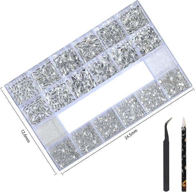 Nail Art Rhinestones - 12 Types of 600 Crystal White Diamonds, 3D Flatback DIY Pearls, Gems, Beads, Flat Back Stones Set, with Kit, for Nail Art Decor
