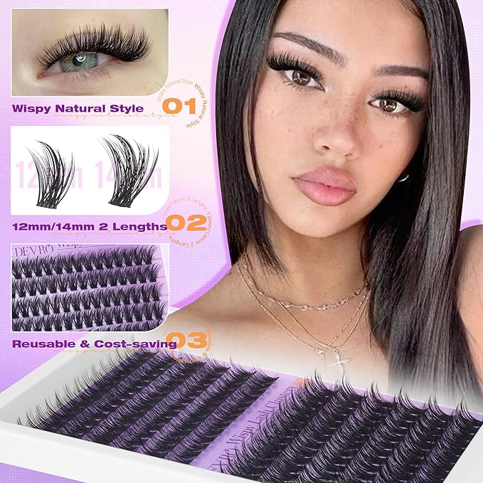 EYDEVRO Wispy Lash Clusters Natural Eyelash Clusters 12-14mm Cluster Eyelash Extensions CD Curl 192 Pcs Manga Cluster Lashes Short Individual Lashes DIY Lash Extensions Soft Thin Band
