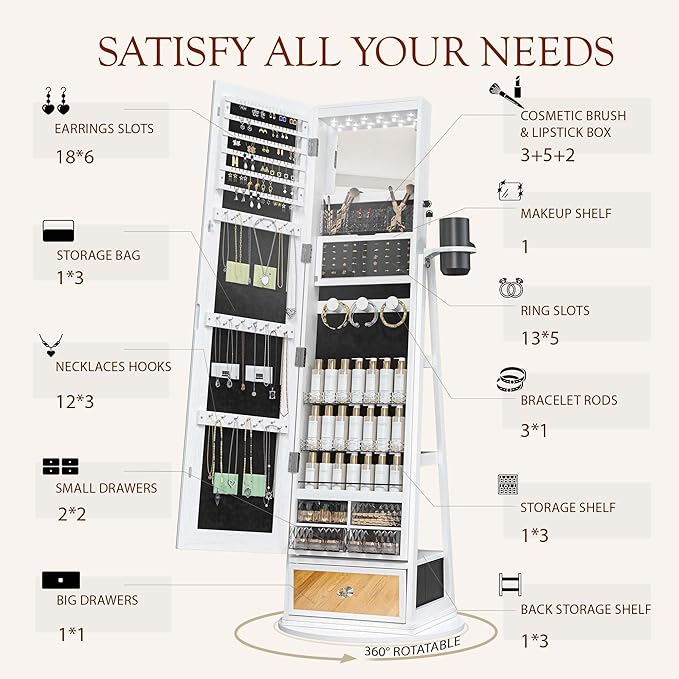Mirror Jewelry Cabinet Standing, 6 LED Lights, 360° Swivel Full Length Mirror with Storage, Jewelry Armoire Organizer with Drawer, Foldable Makeup Shelf