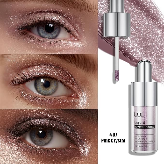 QIC Liquid Glitter Eyeshadow, Metallic & Shimmer Finish, Long Lasting, Non-Creasing, Smudge-proof, Lightweight Formula Liquid Eyeshadow for All Skin Tones, Buildable Color (07 Pink Crystal)