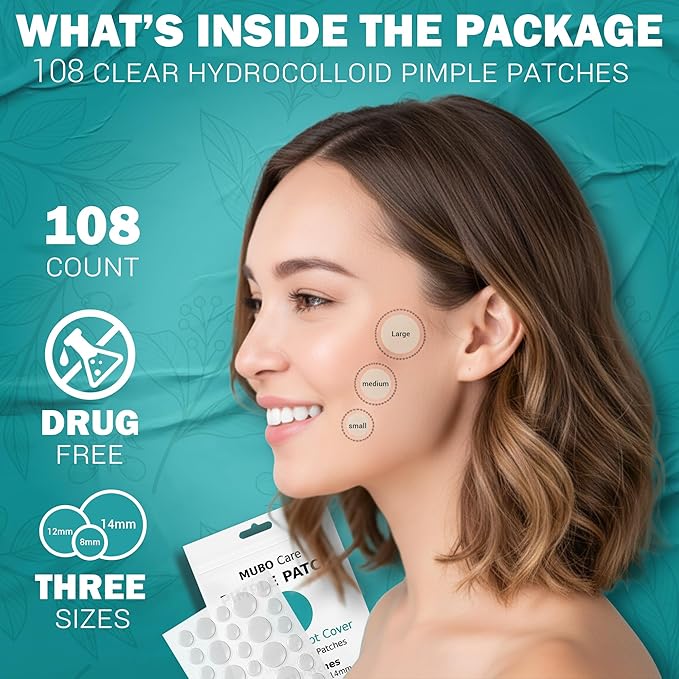 Mubo Care Pimple Patch – Hydrocolloid Acne Dots for Face, Invisible and Waterproof Blemish Spot Treatment – Fast Healing Pimple Stickers for All Skin Types (36 Count (Pack of 3))