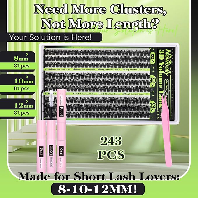 80D Lash Clusters Kit Short 8-12MM Wispy Volume Eyelash Clusters Fluffy Lash Extension Kit D-curly Cluster Eyelash Extensions Long-lasting Effect Individual Lashes Kit by Newcally