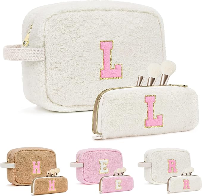 for Valentines Day Gifts, Travel Makeup Bag for Women, Initial Make Up Bag Set for 6 7 8 9 10 11 12 13 Years Old Kids Tween Girls, Large Cosmetic Skincare Bags for Birthday Gifts, White L