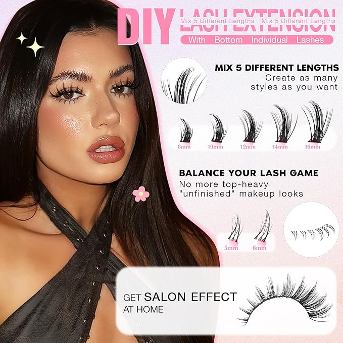 Anime Lash Clusters Kit Wispy Eyelash Clusters DIY Lash Extension Kit with 5-6mm Bottom Lashes 8-16mm Thin Band Individual lashes 175Pcs Manga Eyelash Extension Kit with Lash Glue, Tweezers by WTVANE