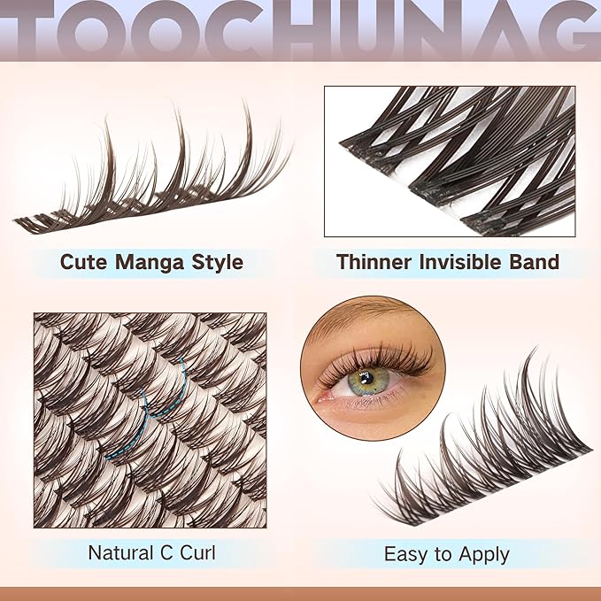 Brown Lash Clusters Manga Cluster Eyelash Extensions Dark Brown Eyelash Clusters Spiky C-Curly Cluster Lashes 10-16mm DIY Lash Extension 120pcs Individual lashes with Clear Band by TOOCHUNAG
