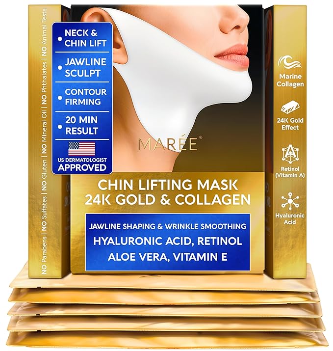 MAREE V Line Lifting Mask with 24K Gold – Deep Collagen Face Mask for Women – Jawline Shaper Mask with Retinol & Hyaluronic Acid – Neck Tightening & Firming – Double Chin Strap for Face Lift