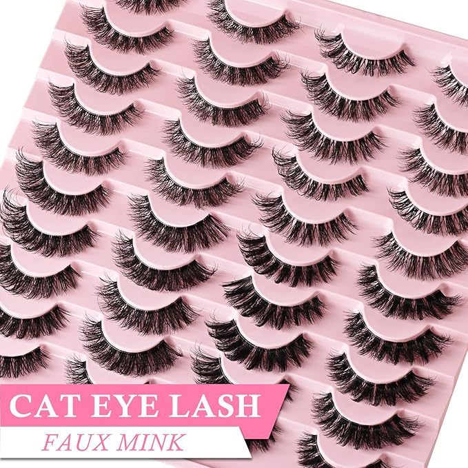Lashes Wispy False Eyelashes 4 Styles Cat Eye Strip Lash Natural Look 20 Pairs Fake Mink Eyelash Pack Short Fluffy Lashes Strips that Look Like Extensions Wispies Clear Band Pestañas Postizas