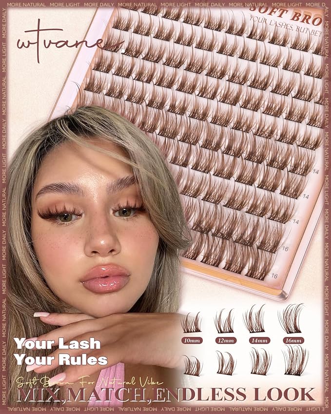 Wtvane Brown Lash Clusters Wispy Eyelash Clusters with Spikes Natural Lash Extensions Dark Brown Manga Lashes Clusters 10-16mm Cluster Eyelashes Extensions C-Curly Individual Lashes Anime Eye Lashes