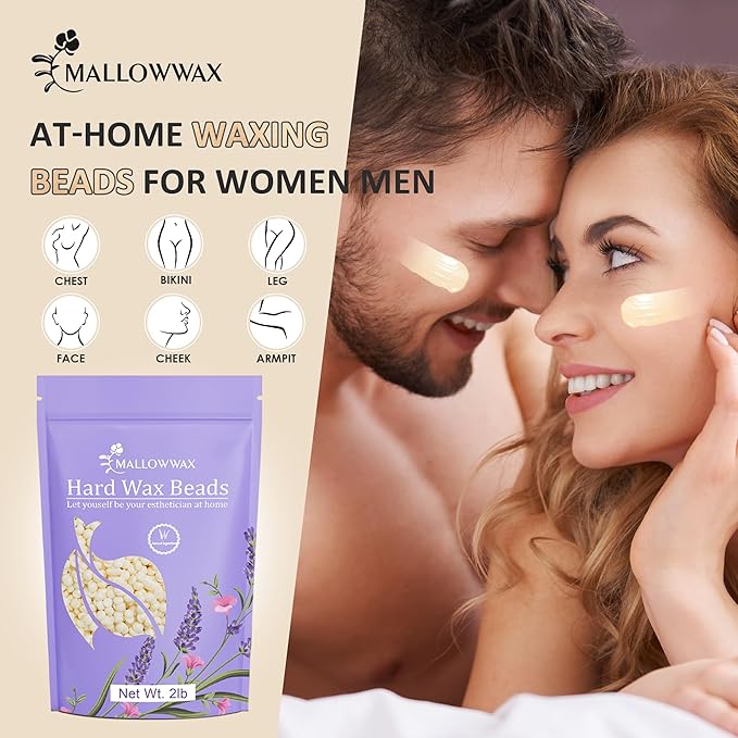 Mallowwax Hard Wax Beads, 2LB Coconut Cream Wax for Sensitive Skin, Gentle Hair Removal for Face, Bikini, Legs & Brazilian, No Strips Needed & Easy to Use at Home