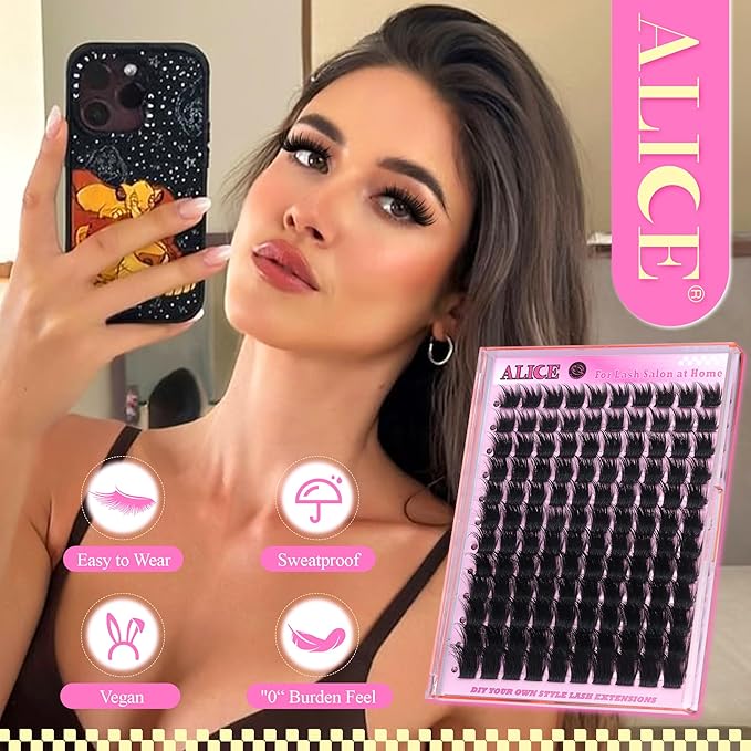 ALICE Lash Clusters Thick Volume Eyelash Clusters with Spikes Wispy Cluster Eyelash Extensions 12-20mm Fluffier Dramatic Individual Lashes Thin Band Lash Extensions Salon DIY at Home