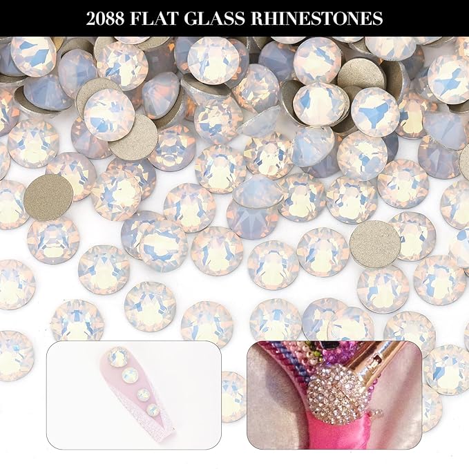 Novani White Opal Rhinestones 288pcs Flat Back Round Rhinestone Style 2088 Sparkly Crystal Gemstones for Nail Art and Crafting SS30,6.4-6.6mm