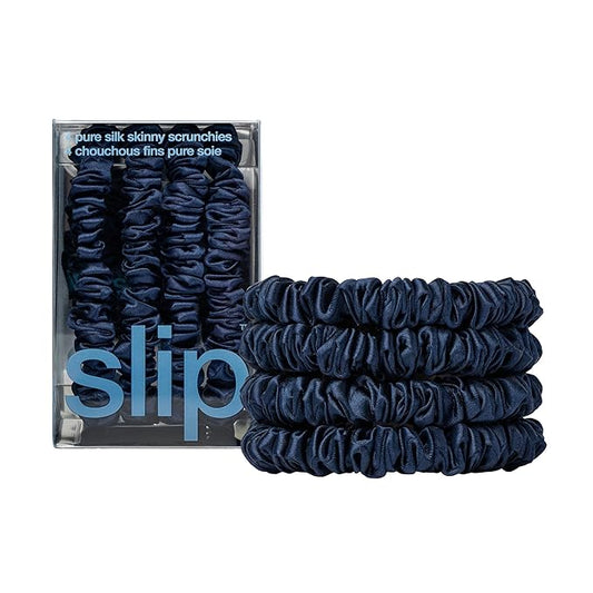 slip Skinny Scrunchies: Anti-Crease, Anti-Breakage Slipsilk™ Design Protects Delicate Hair | Includes 4 Pure Silk Scrunchies: Navy