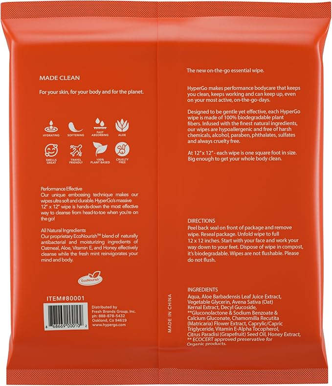 HyperGo XL Body Wipes for Women & Men – 12" x12" Rinse-Free Full Body Cleansing Wipes 20 Count Pack - Unscented | Biodegradable, Hypoallergenic, Aloe-Infused | Gym, Festival, Camping Essentials