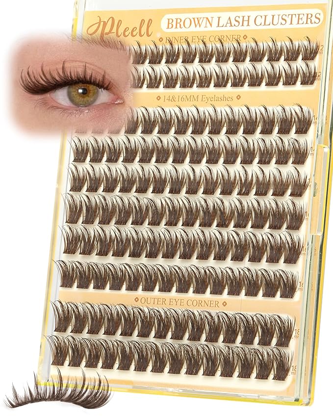Pleell Brown Lash Clusters With Spikes Natural Manga Eyelash Clusters Wispy Fluttery Cluster Eyelashes Extensions Thin & Invisible Band Cluster Lashes D-Curly 12-18mm Individual Lashes