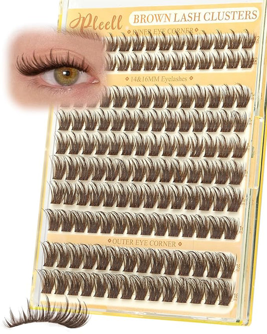 Pleell Brown Lash Clusters With Spikes Natural Manga Eyelash Clusters Wispy Fluttery Cluster Eyelashes Extensions Thin & Invisible Band Cluster Lashes D-Curly 12-18mm Individual Lashes