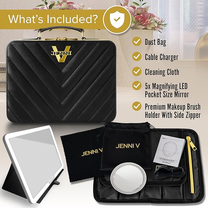 JENNI V Upscale PU Leather Makeup Bag with Light Up Mirror, 3 Brightness Settings, Adjustable Dividers - Replace Your Bulky Vanity While On the Go - Chic Travel Makeup Case Box - Makeup Organizer Bag