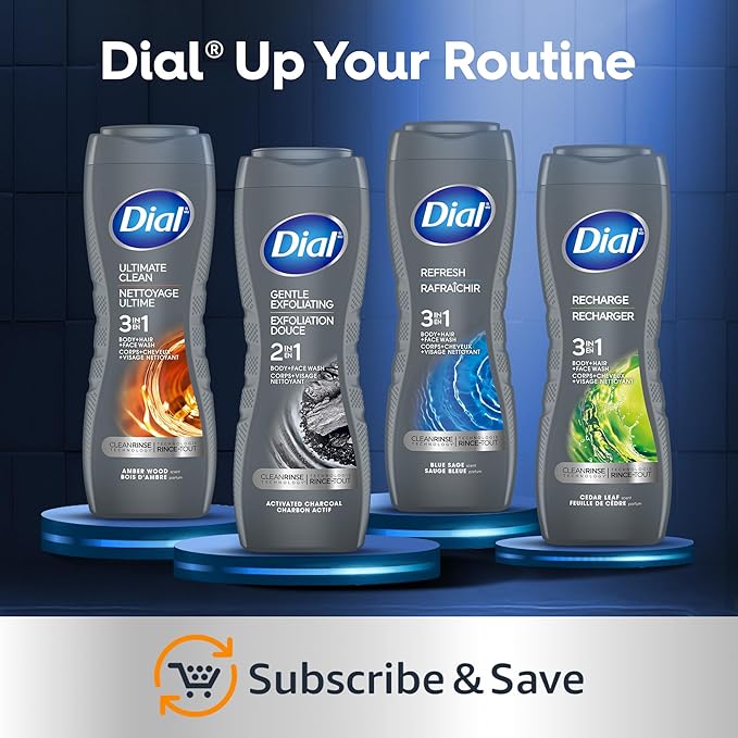 Dial Men 3 in 1 Body, Hair and Face Wash, Recharge, 16 Fl Oz (Pack of 4), Cedar Leaf Scent, Cleanses Deep + Gentle on Skin with Clean Rinse Technology