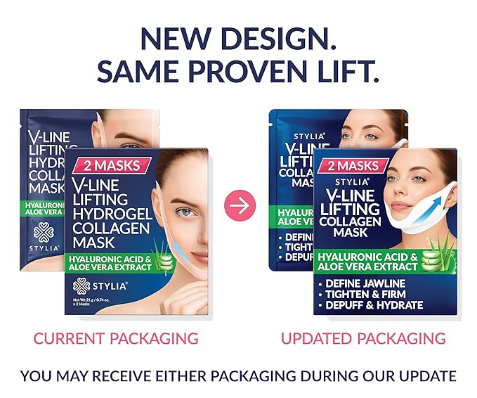 STYLIA V Line Lifting Collagen Mask - Lift, Firm & Contour Jawline - Tightening Double Chin Strap with Hyaluronic Acid & Aloe - Neck Tightening and Lifting Mask - Jawline Shaper Face Lift Tape (2PC)