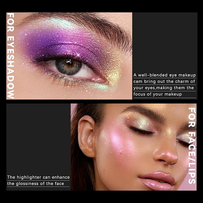 Noerrors Chameleon Eyeshadow,Multichrome Face Highlighter Palette,Multicolor Glow,Multi-use,High Pigment,Color Shift Metallic Shimmer Duochrome Eyeshadow Palette Face Purple Highlighter Makeup