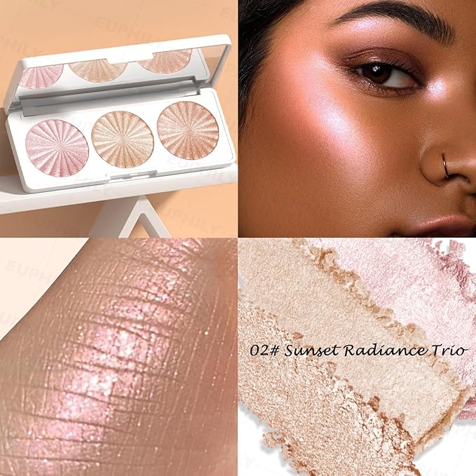 3 Colors Highlighter Makeup Palette, Face Highlight Makeup Contour Powder, Waterproof Long Lasting Glitter Face Illuminator Highlighter for Women, 02 Sunset Radiance Trio