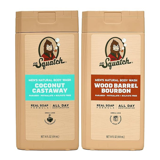 Dr. Squatch Natural Men's Body Wash Shower Gel - Cleansing, Nourishing, Long Lasting Scent, Moisturizing Body Wash for Men - Coconut Castaway + Wood Barrel Bourbon (14 oz, 2-Pack)