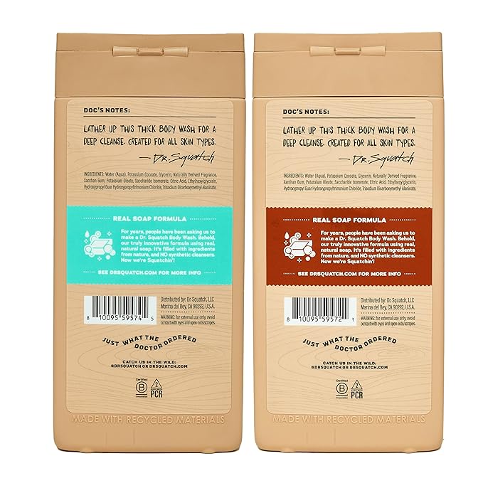 Dr. Squatch Natural Men's Body Wash Shower Gel - Cleansing, Nourishing, Long Lasting Scent, Moisturizing Body Wash for Men - Coconut Castaway + Wood Barrel Bourbon (14 oz, 2-Pack)