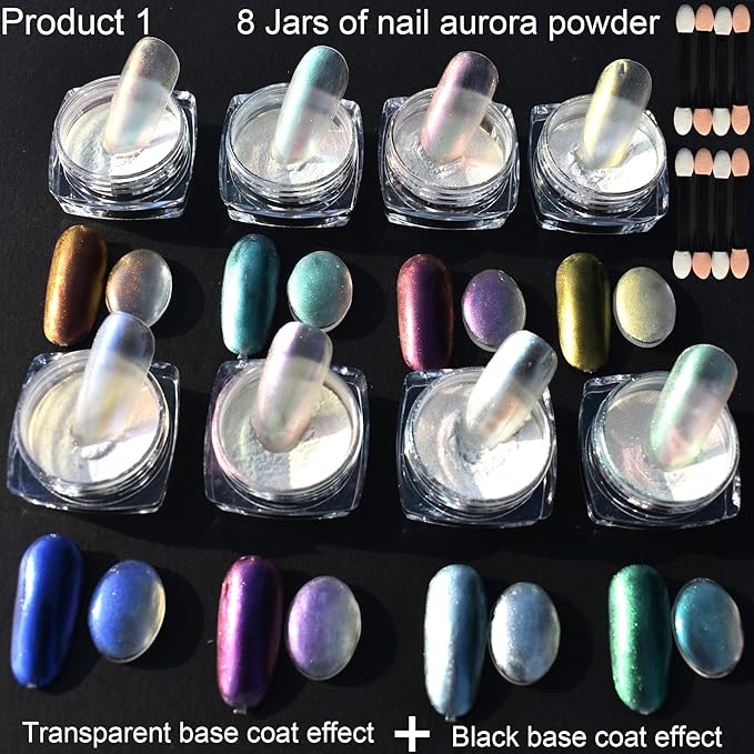 Holographic Chrome Nail Powder Kit - 8 Jars Pearl Chrome Mirror Effect Powder and 10 Sheets Transparent Aurora Nail Transfer Foils, Glitter Manicure Art Supplies