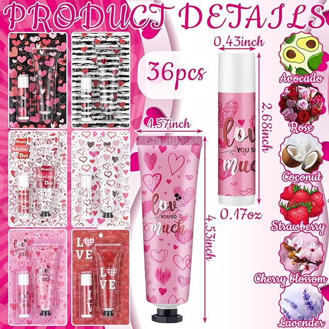 Loopeer 36 Sets Valentine's Day Hand Cream Lip Balm Bulk Gifts Galentine's Day Gift Valentine Party Favor Love Heart Mini Travel Size Moisturizing Hand Lotion for Women Coworker Teacher Nurse, 30 ml