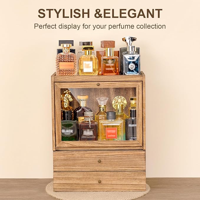 Emfogo Cologne Organizer, 4 Tier Vertical Wood Perfume Stand for Men, Large Capacity Dustproof Perfumes Organizer Cologne Stand with Double Drawer Storage, Gift for Loved ones (Brown)