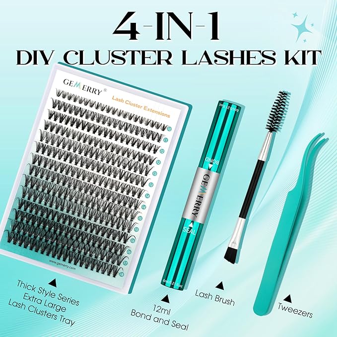 GEMERRY Lash Extension Kit DIY 280pcs Lash Clusters Kit Eyelash Extension Kit D Curl Individual Lashes Kit with Lash Bond and Seal Lash Tweezers for Self Use（30P+40P-10-18mm)