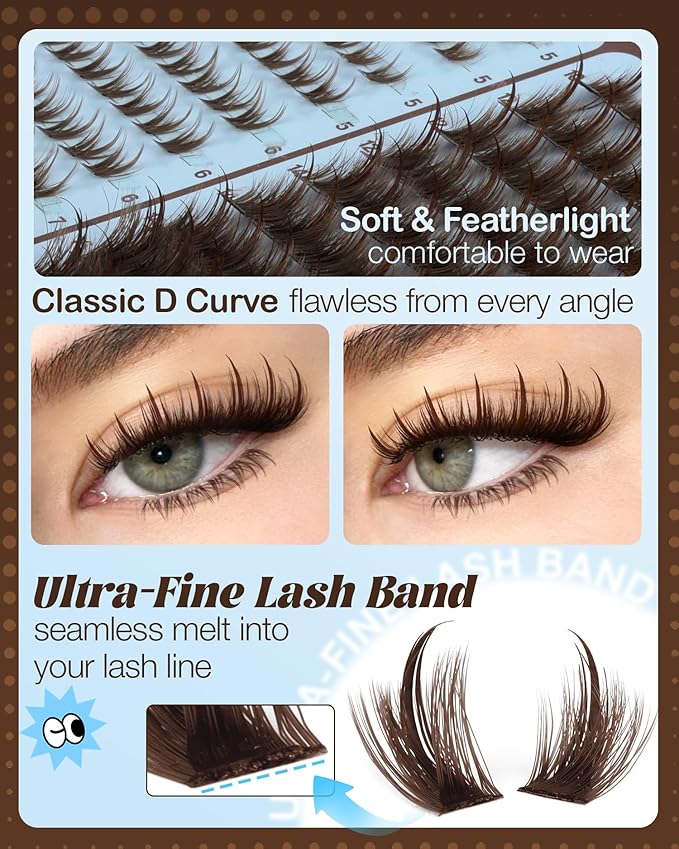 Brown Lash Cluster with Bottom Lashes Kit Spiky Individual Lashes Fairy Natural Eyelash Clusters Dark Brown Wispy Cluster Eyelash Extensions Kit with Lash Bond and Seal Clear (280Pcs, 5-16MM, D Curve)