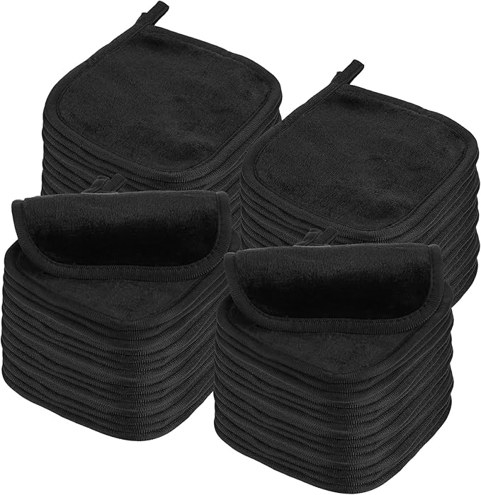 zisiueel 50 Pcs Makeup Remover Cloths Reusable Washable Remover Pads Soft Microfiber Washcloths Facial Cloths Makeup Towels for Women, 5 x 5 Inch(Black) ﻿