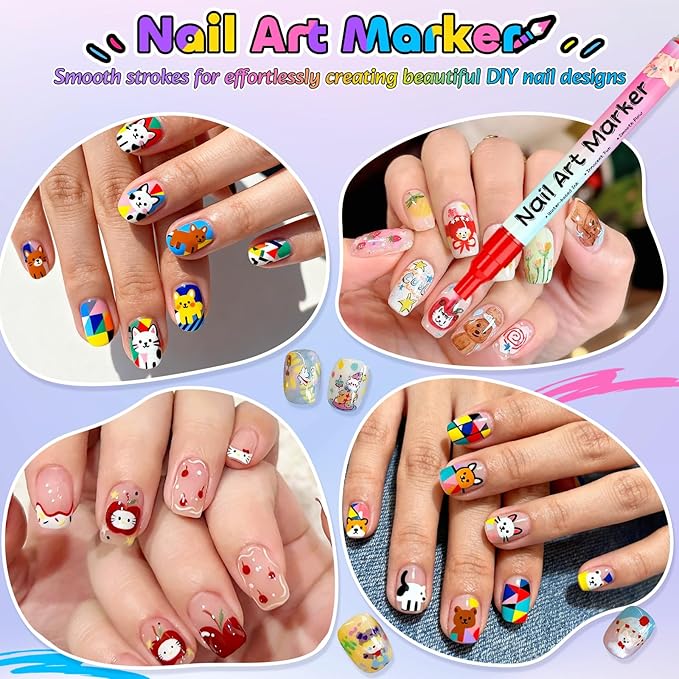 NuSoulra 12 Colors Nail Art Pens Set, Nail Art Markers with 15pcs Nail stickers, 0.5mm Acrylic Painted Pen for Gel Nails,Dotting Painting Pen Quick-drying for DIY Manicure Tools (0.5mm 12color)