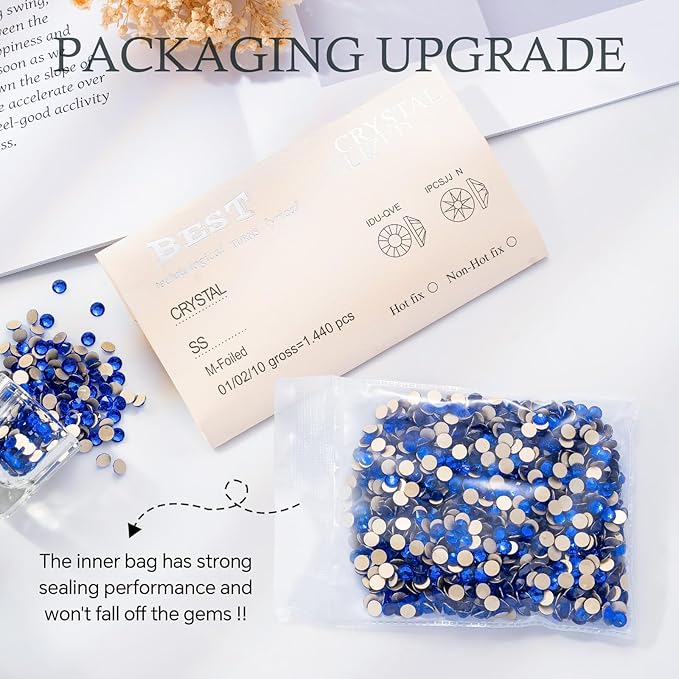 Meibite Sapphire Flatback Rhinestones, Glass Rhinestones for Nail Art and Craft, Glue Fix, Loose Crystal Gemstones(Blue, SS16, 1440pcs, 3.8-4.0mm)
