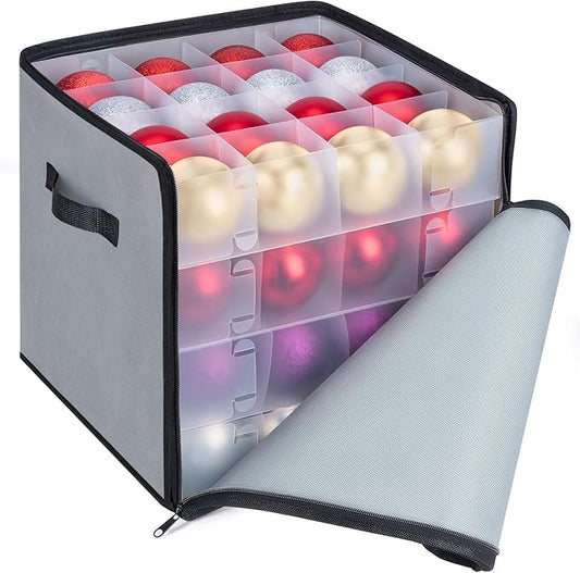 BALEINE Christmas Ornament Storage Box with Dividers, Premium Holiday Ornaments Storage Container Bin for Xmas Decorations (64 Ball, Grey, Soft)